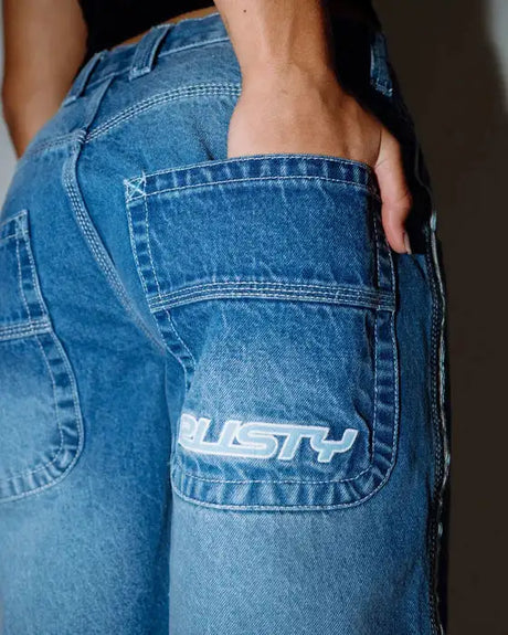 Rusty Flip Mommy Low Rise Wide Leg Denim Jort | Blasted Middy Blue/Blue