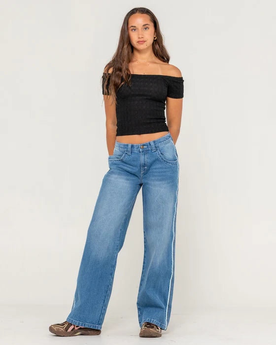 Rusty - Flip Mommy Low Rise Wide Leg Denim Jean | Blasted Middy Blue/Blue