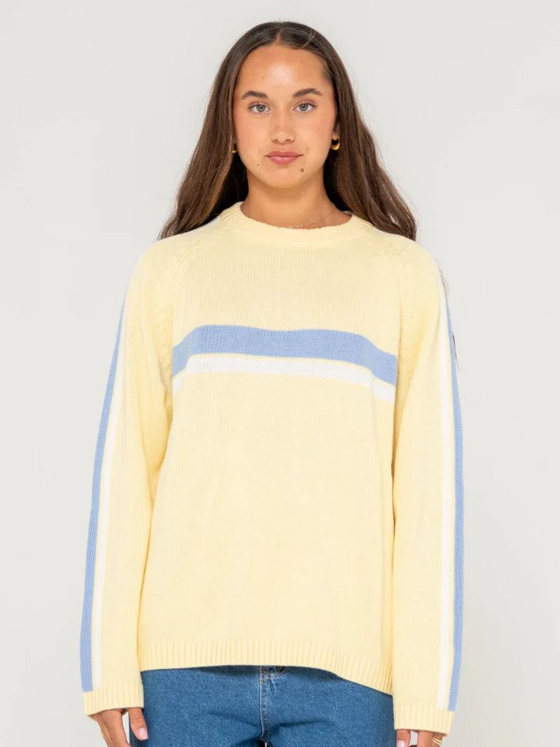 Rusty - White Lines Long Sleeve Crew  Neck Knit Top | Pale Banana/Retro Blue