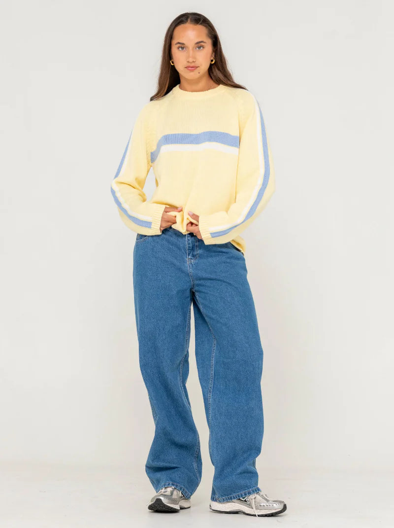 Rusty - White Lines Long Sleeve Crew  Neck Knit Top | Pale Banana/Retro Blue