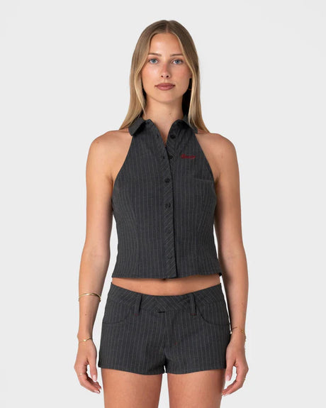 Rusty - Miss May Sleeveless Shirt | Grey Pin Stripe