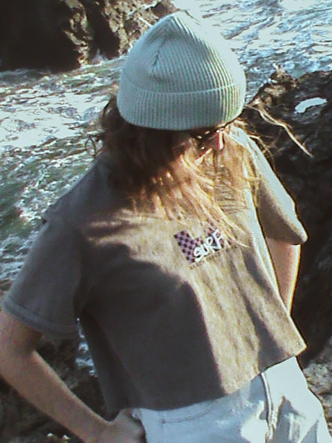 LE TV Checked |  Women's Faded Grey Crop T-shirt