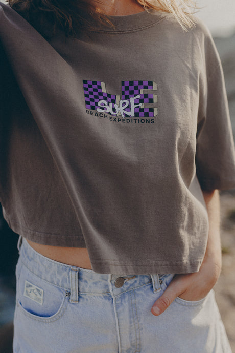 LE TV Checked |  Women's Faded Grey Crop T-shirt