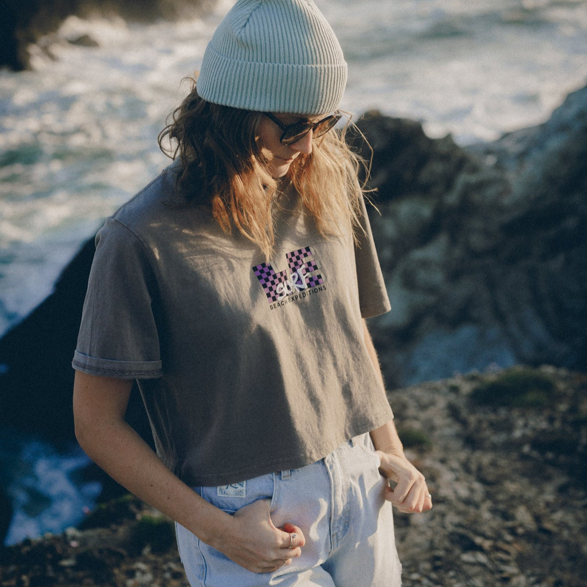 LE TV Checked |  Women's Faded Grey Crop T-shirt