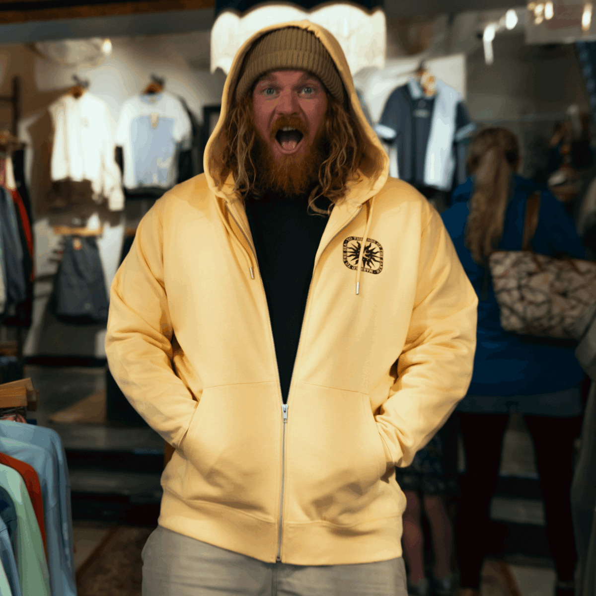 Men's yellow zip-up hoodie with hood, drawstring and front zipper