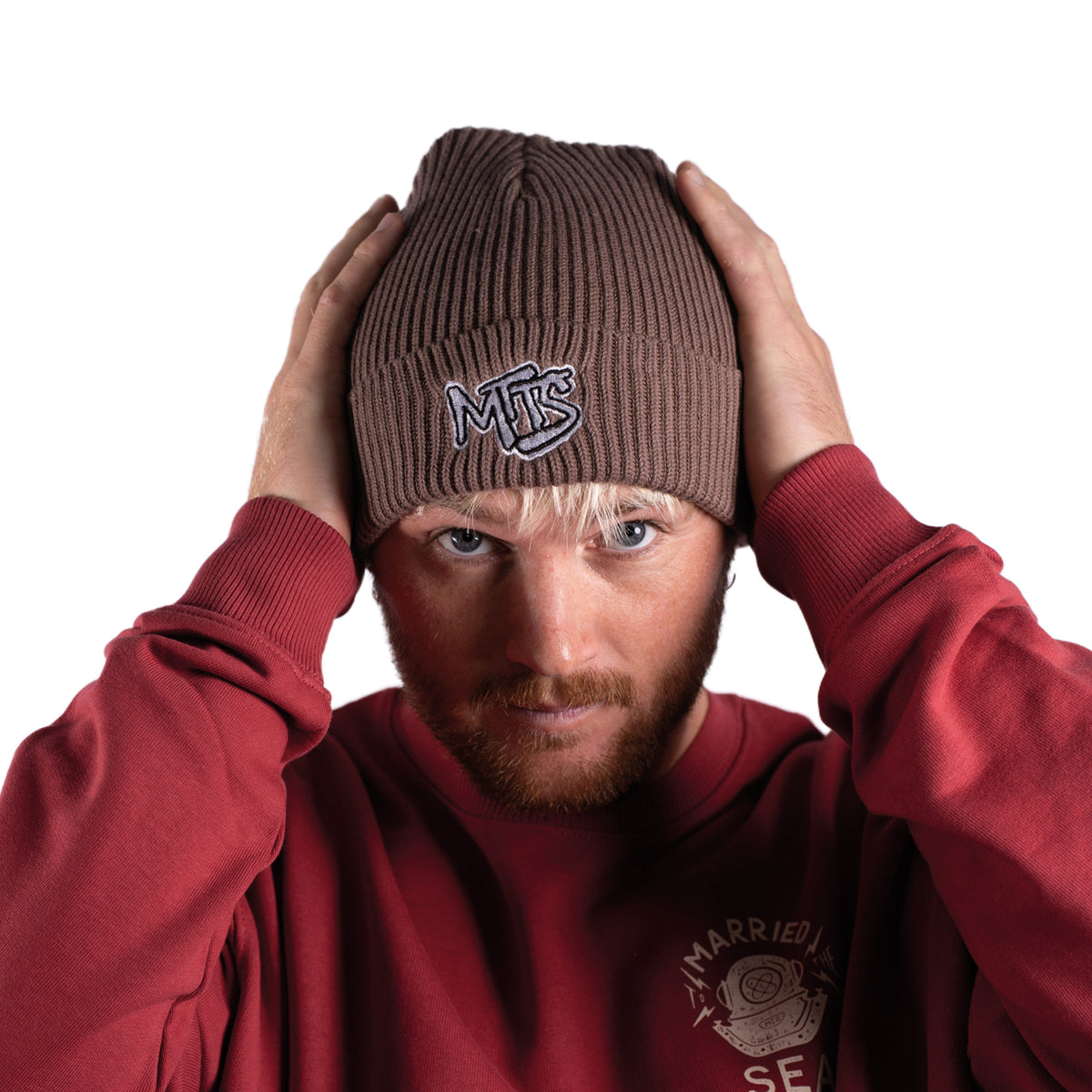 Mocha ribbed fisherman beanie with a folded cuff and embroidered logo