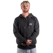 Dark heather gray zip-up hoodie with drawstring hood and small chest logo