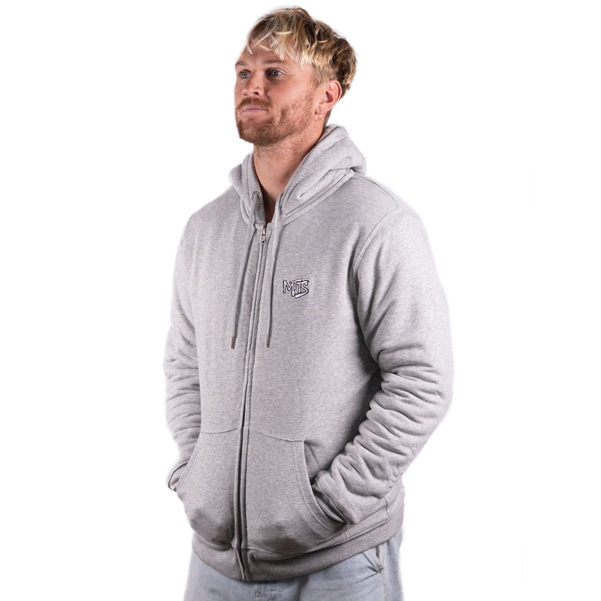Heather gray zip-up hoodie with drawstring hood, chest logo, and front pockets, zipped closed.