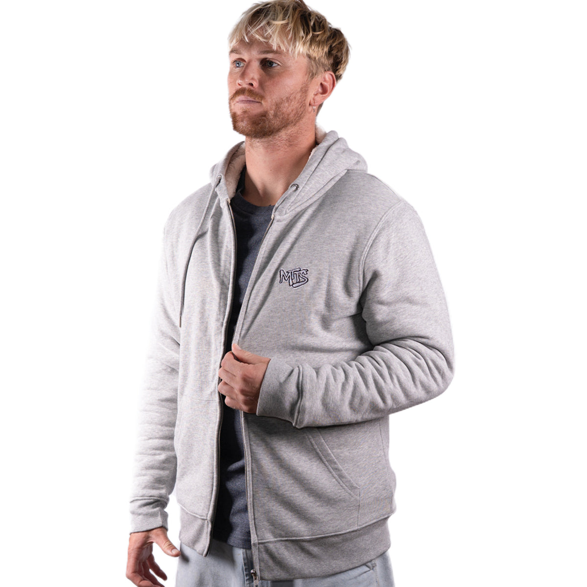 Heather gray zip-up hoodie with drawstring hood, chest logo, and front pockets, worn open.