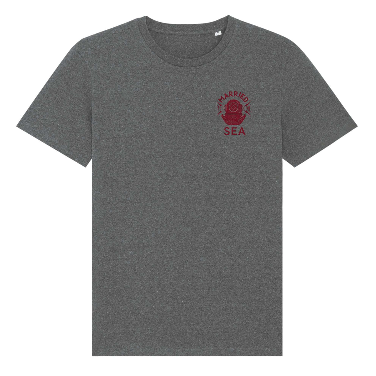 Heather gray crewneck T-shirt with small red front emblem