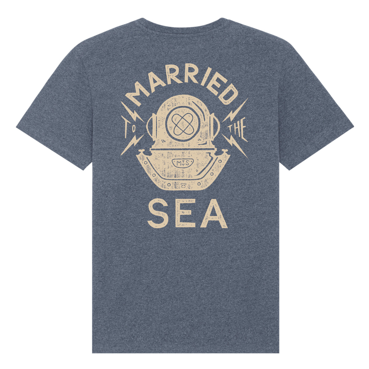 Heather navy diver T-shirt with large back Married to the Sea graphic