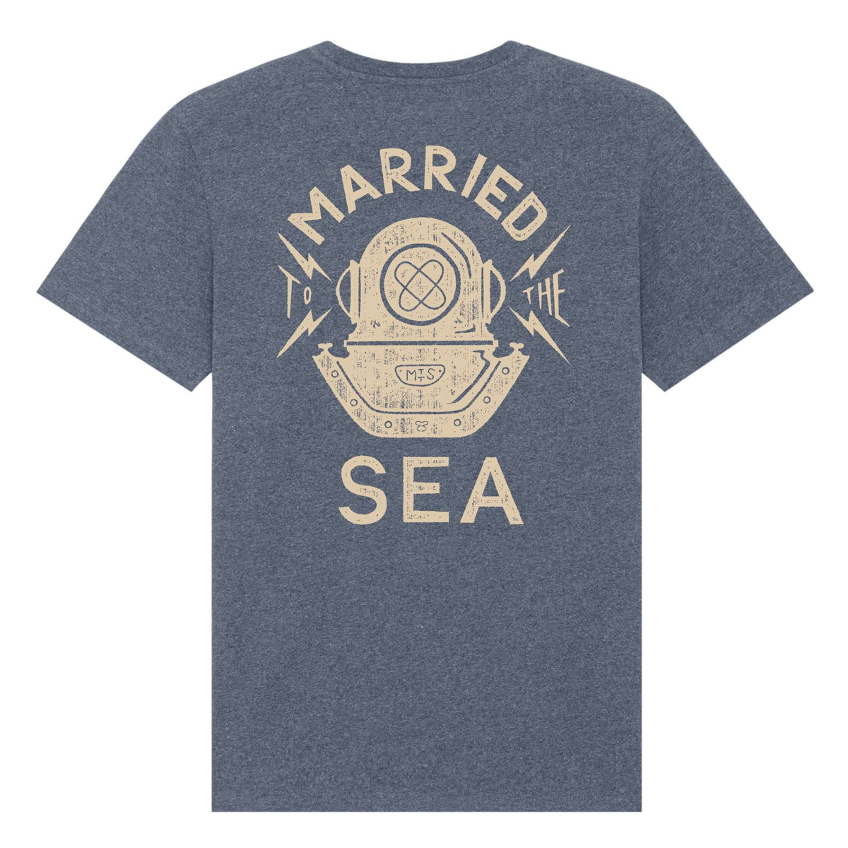 Heather navy diver T-shirt with large back Married to the Sea graphic