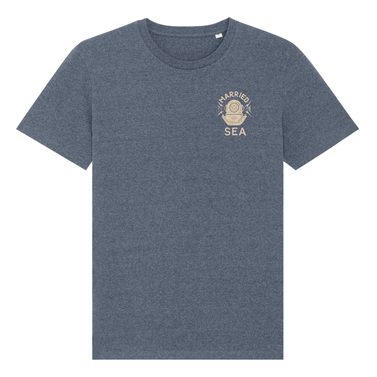 Heather navy diver T-shirt with small Married to the Sea chest logo