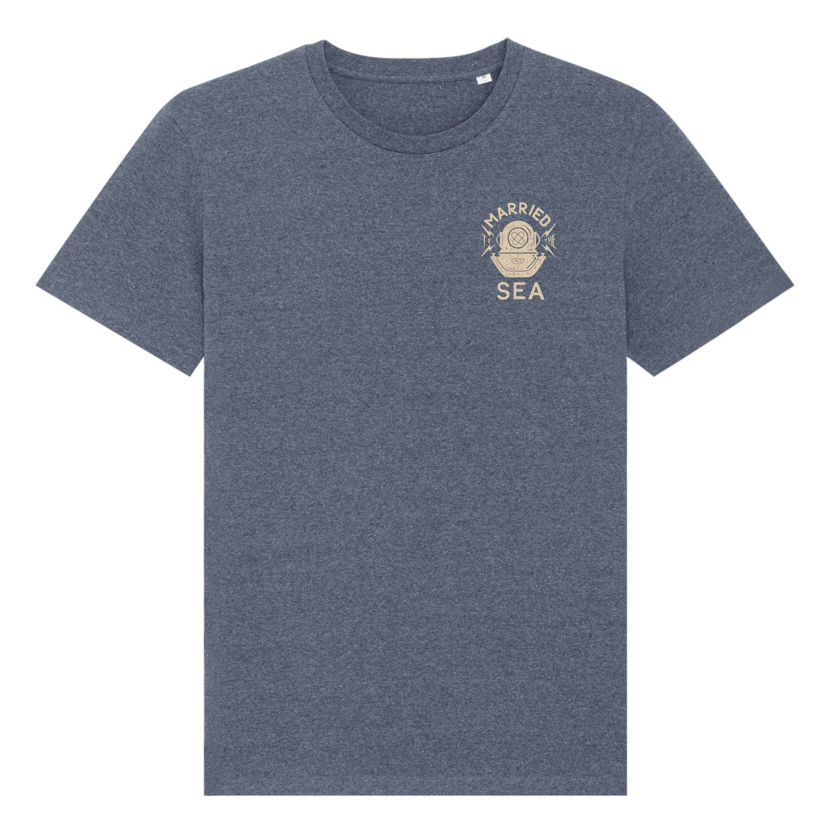 Heather navy diver T-shirt with small Married to the Sea chest logo