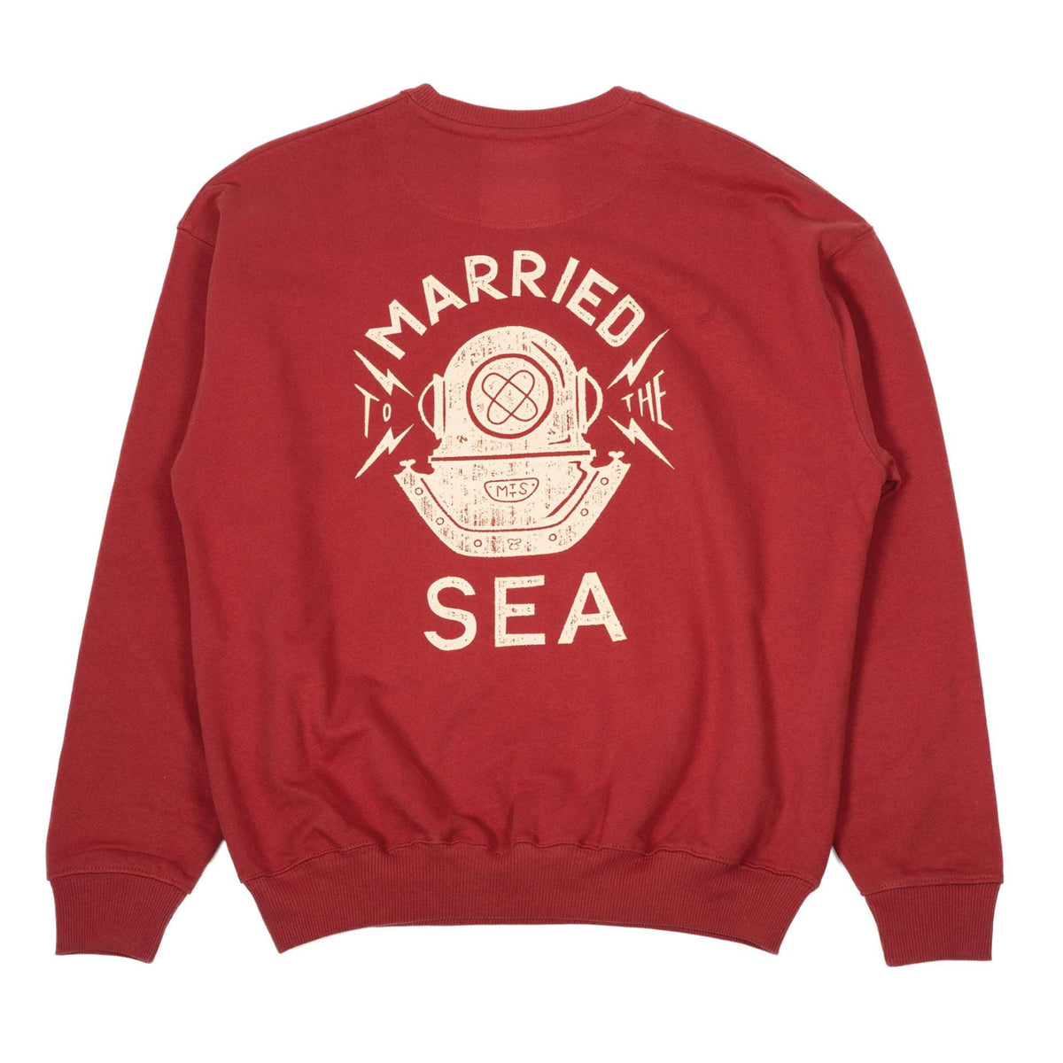 Red crewneck sweatshirt with large back graphic print and ribbed cuffs and hem