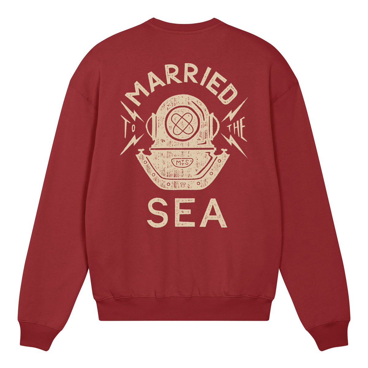Maroon crewneck sweatshirt with large back "Married to the Sea" graphic