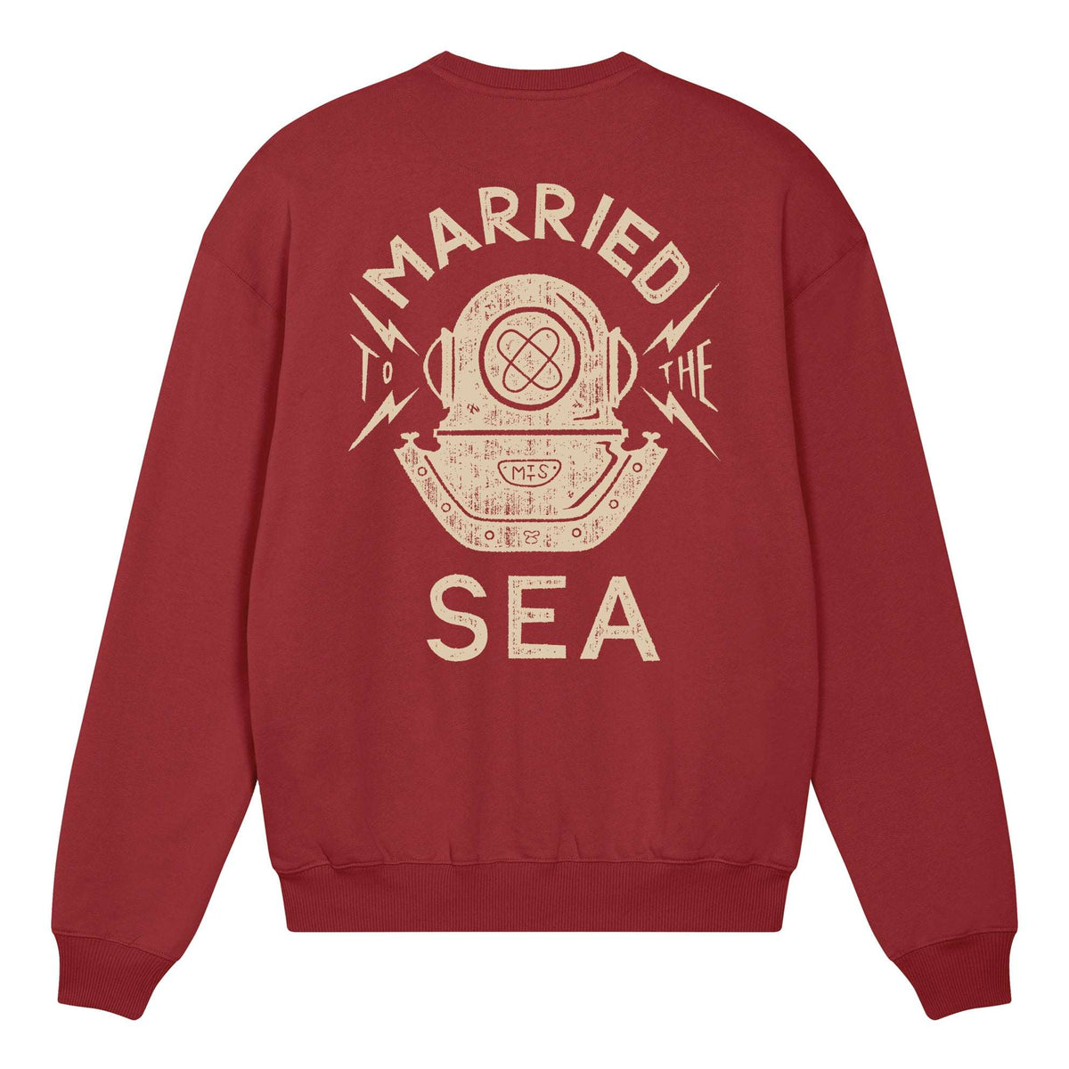 Maroon crewneck sweatshirt with large back "Married to the Sea" graphic