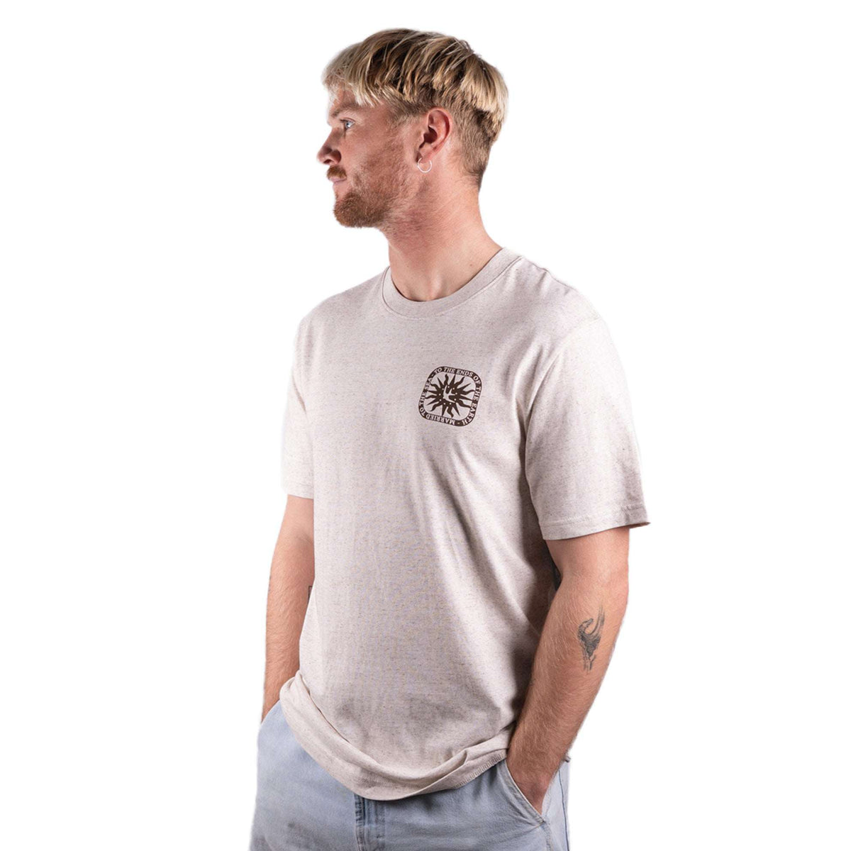Heather gray crew-neck T-shirt with round chest graphic