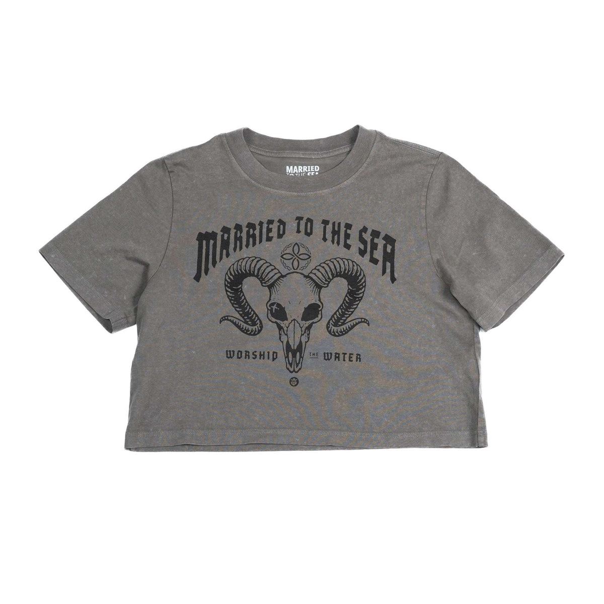 Gray cropped graphic T-shirt with ram head print, short sleeves