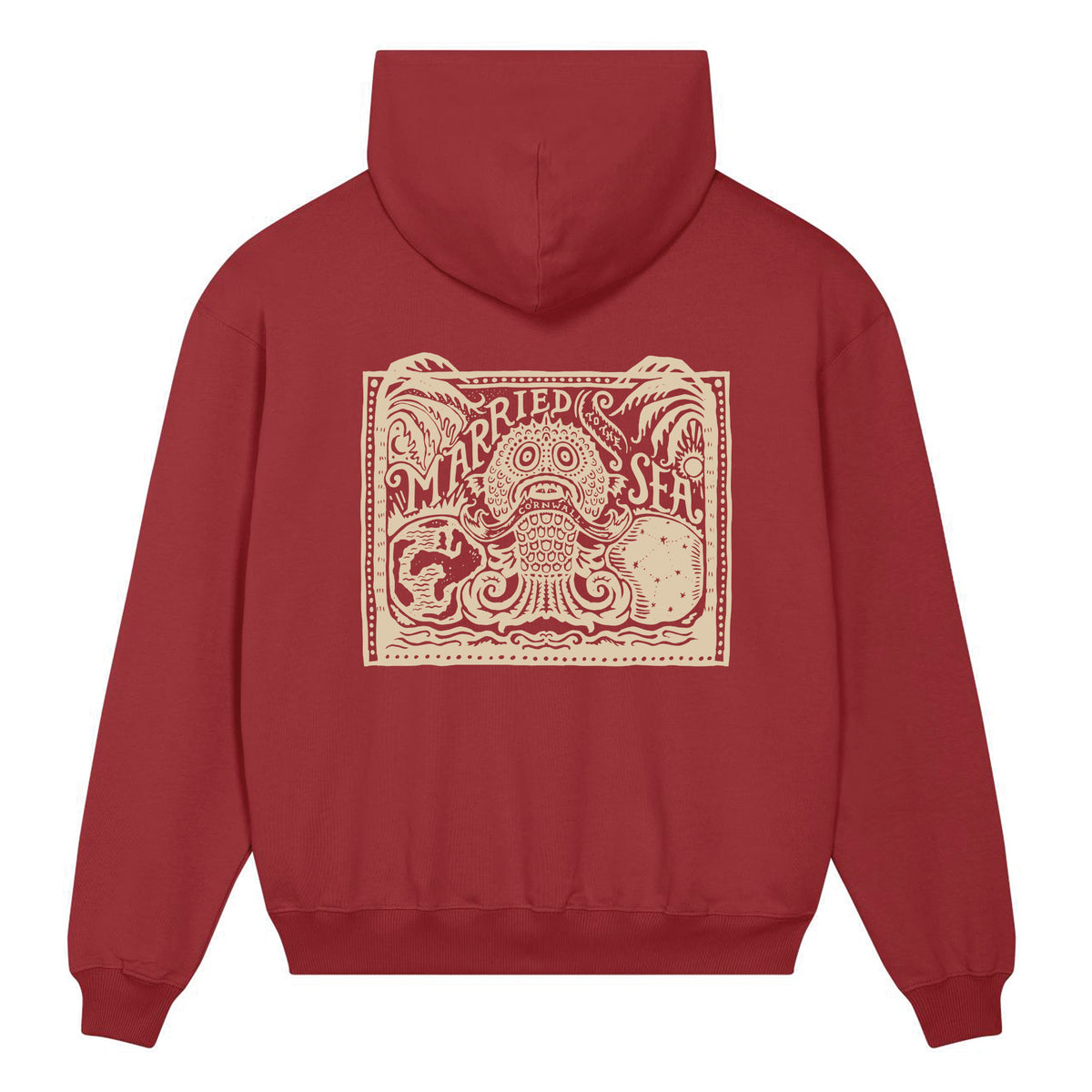 Red maroon hoodie with hood and large front illustrated embroidered logo