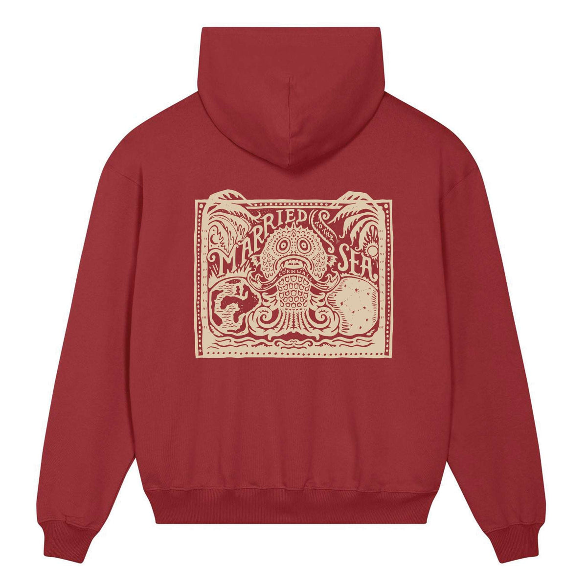 Red maroon hoodie with hood and large front illustrated embroidered logo