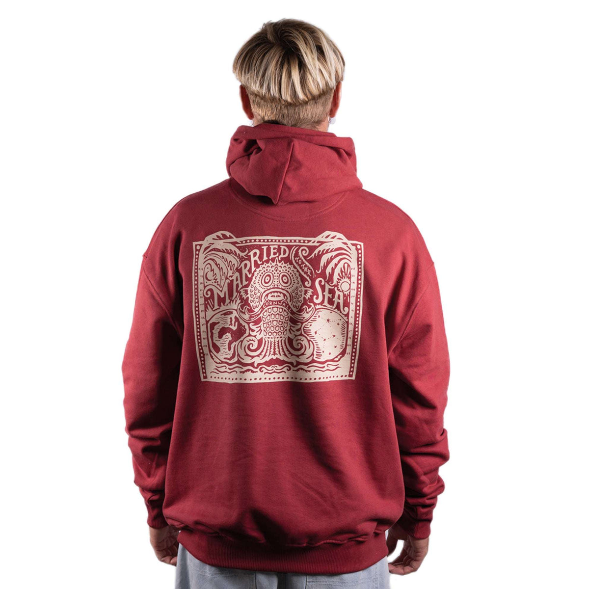 Burgundy pullover hoodie with hood and large back graphic print