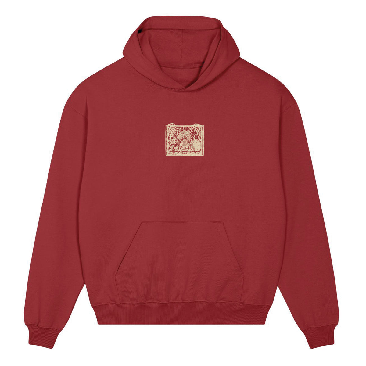 Red maroon hoodie with hood, kangaroo pocket, small embroidered logo patch
