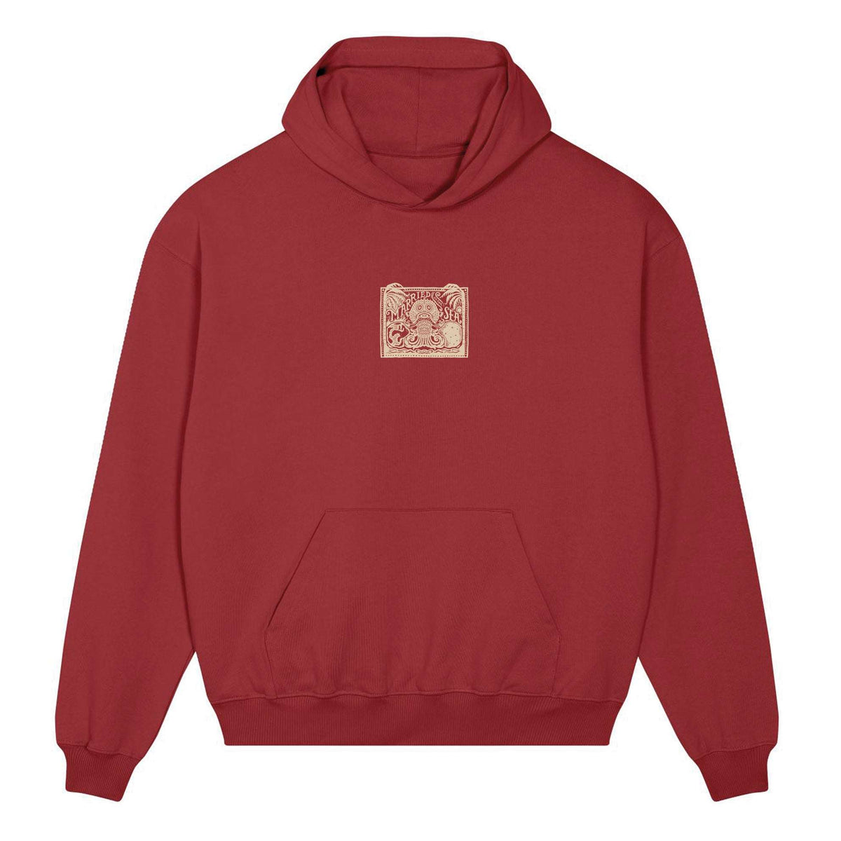 Red maroon hoodie with hood, kangaroo pocket, small embroidered logo patch