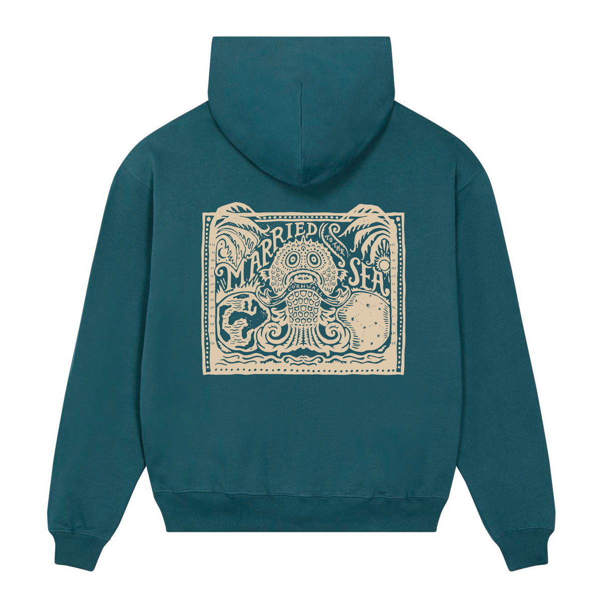 Teal pullover hoodie with hood and front pocket, large square sea-themed front print