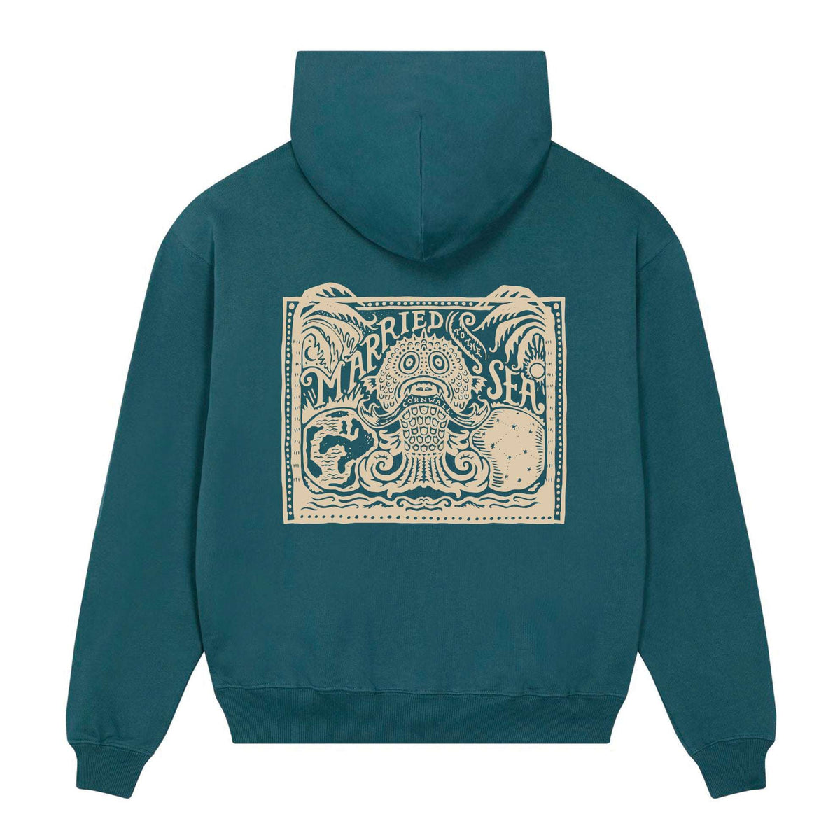 Teal pullover hoodie with hood and front pocket, large square sea-themed front print