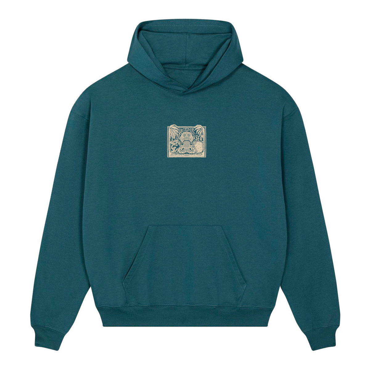 Teal pullover hoodie with hood and front pocket, small square chest graphic