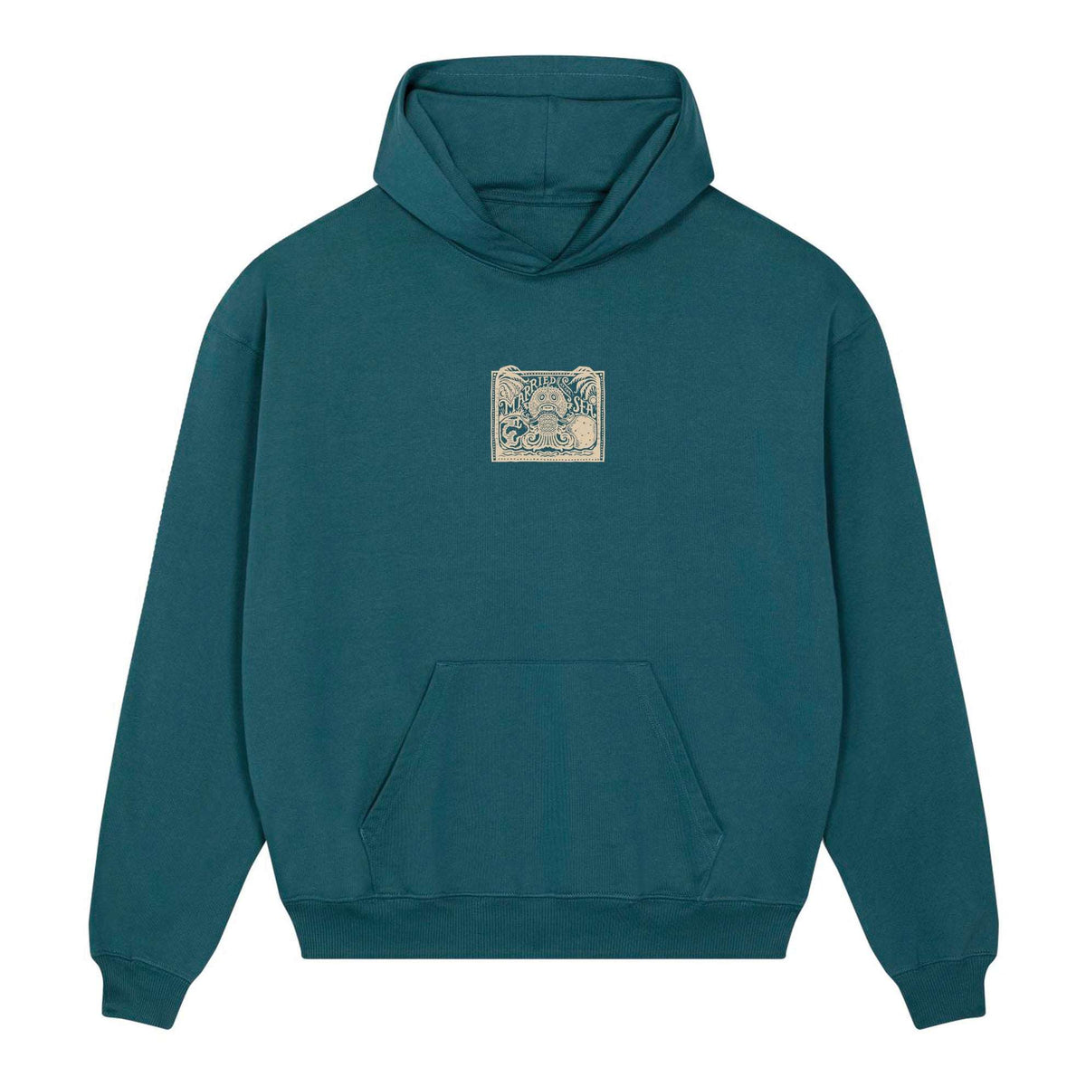 Teal pullover hoodie with hood and front pocket, small square chest graphic