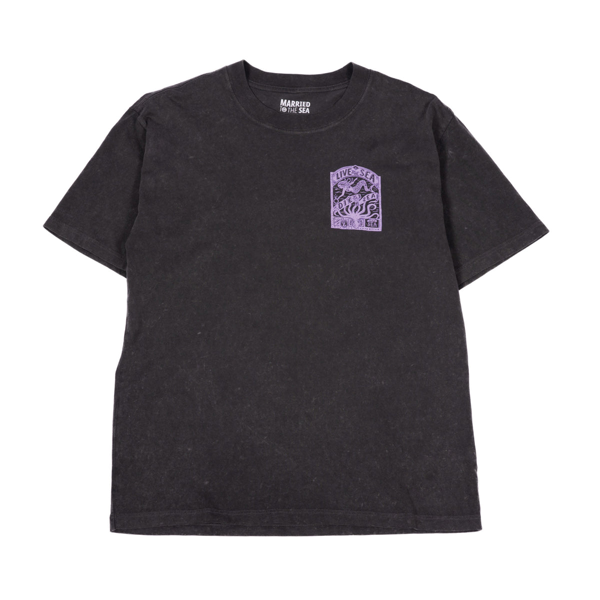 Stone-wash T-shirt with small purple octopus graphic on chest