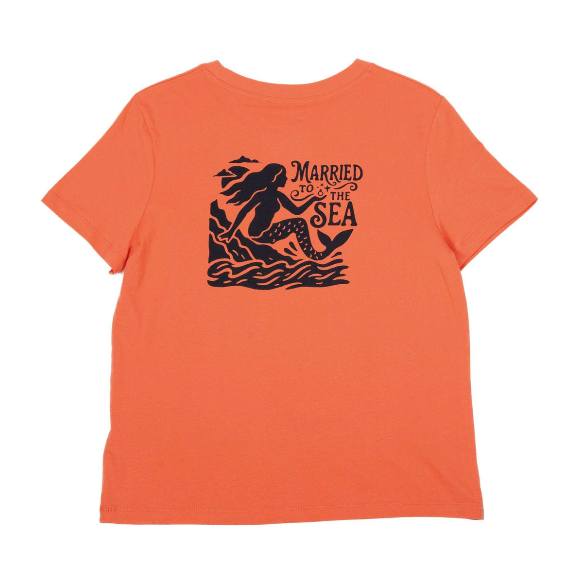 Women’s coral-orange T-shirt with large “Married to the Sea” sea horse graphic
