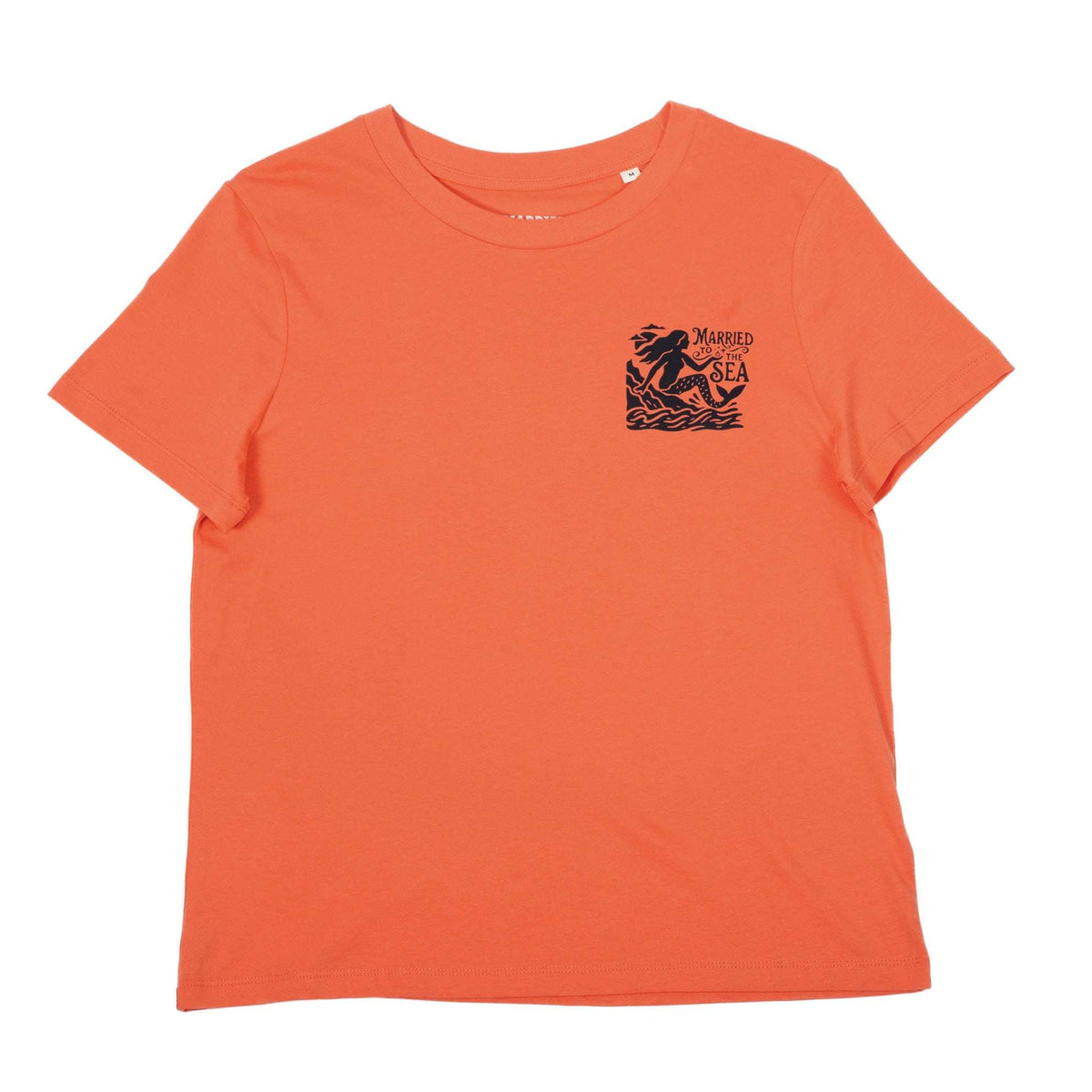 Women’s coral-orange T-shirt with “Married to the Sea” sea graphic on chest