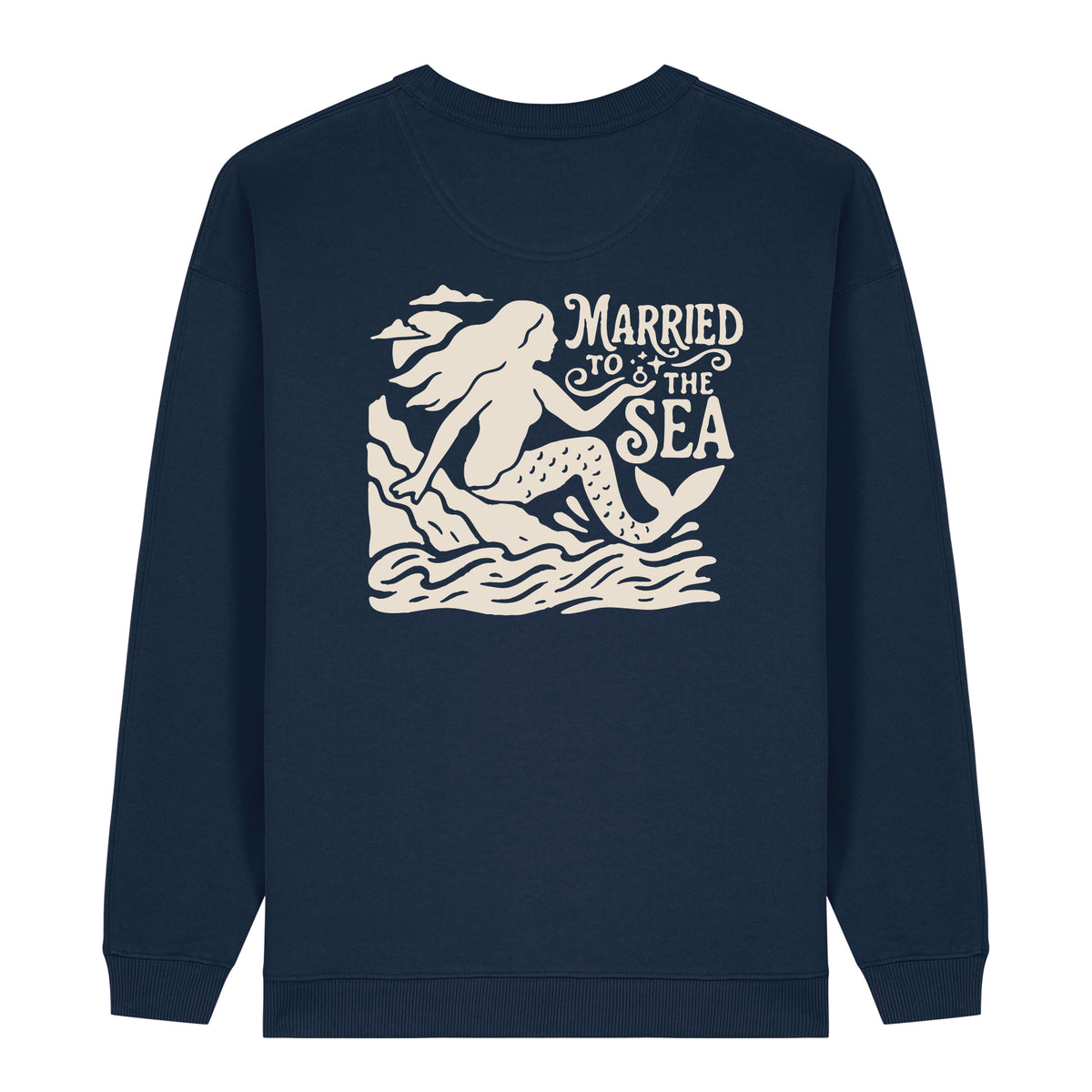 Women’s French navy crewneck sweatshirt with large back 'Married to the Sea' graphic