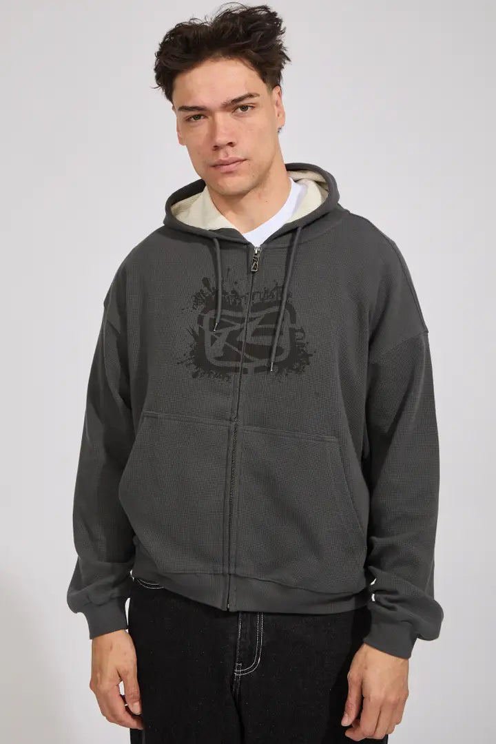 Steel gray waffle hooded zip fleece with logo print and light hood lining