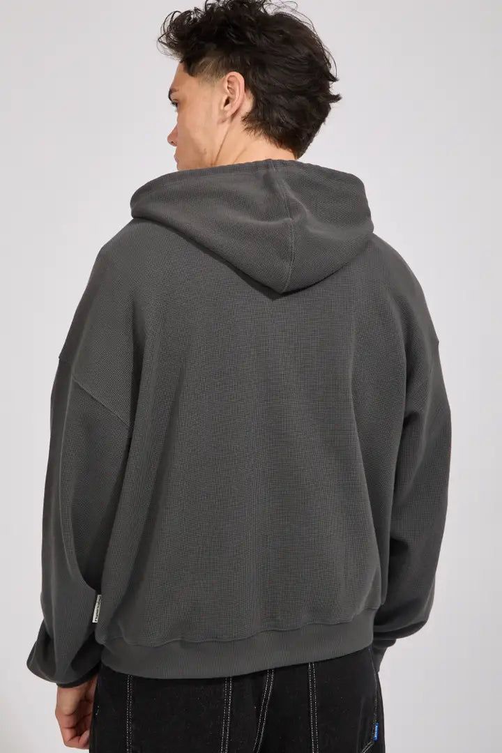 Steel gray zip-up hooded fleece with back view and hood drawcords
