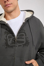 Steel gray waffle zip-up hooded fleece with front zipper and drawstring hood