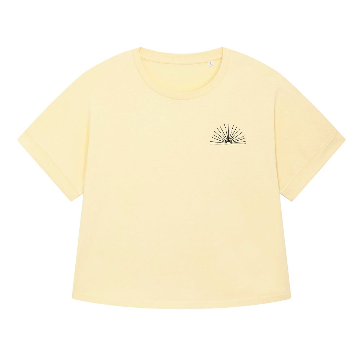 Women's butter-yellow T-shirt with small sea-themed line art chest graphic