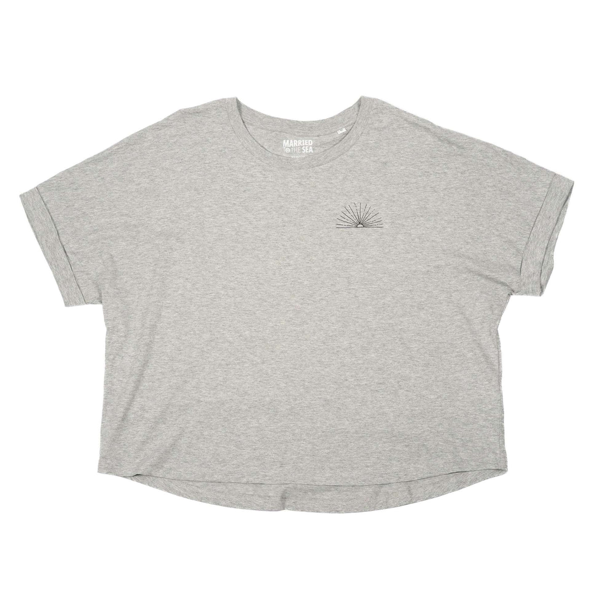 Heather grey women's t-shirt with small sunburst logo on chest