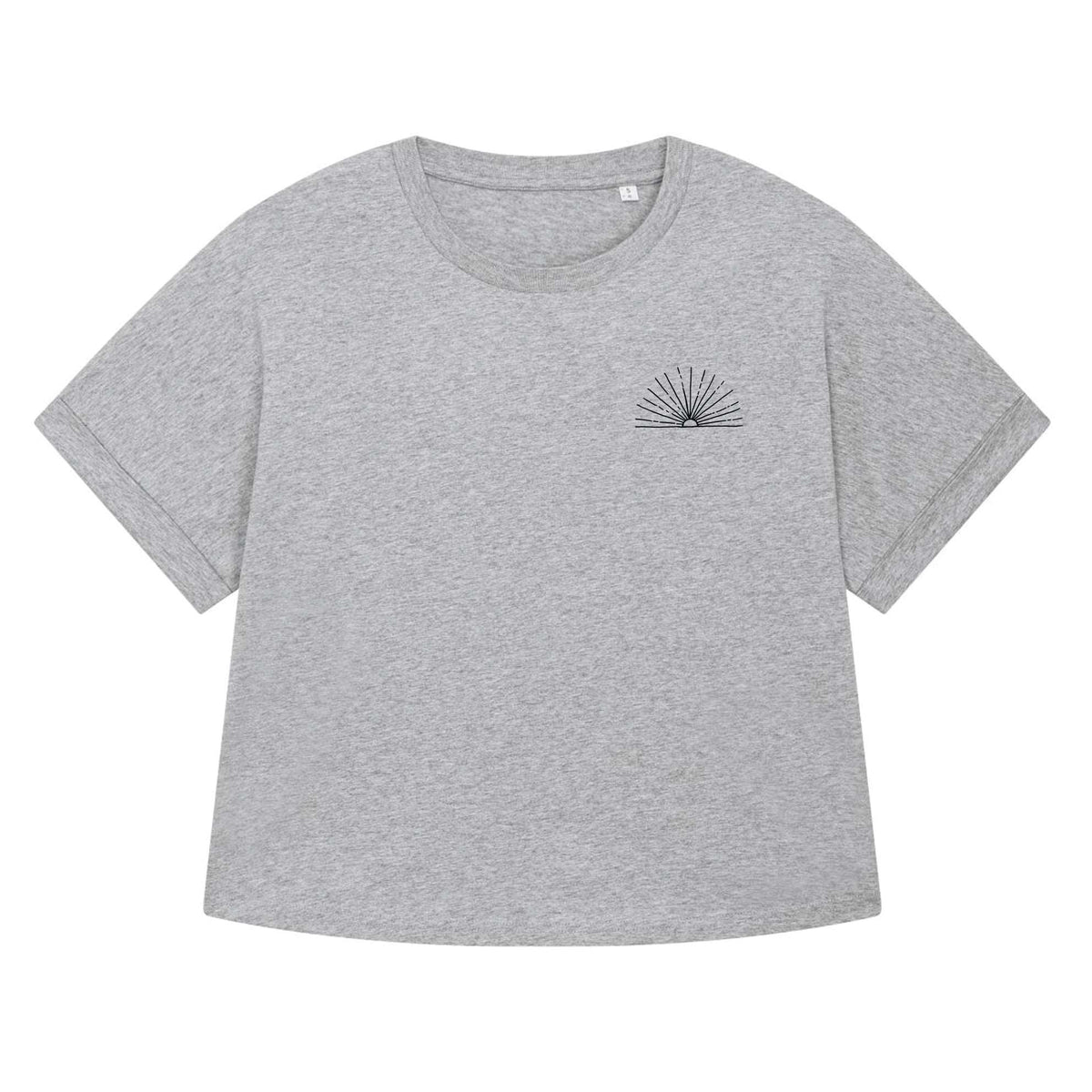 Heather grey women's T-shirt with small front sunburst graphic