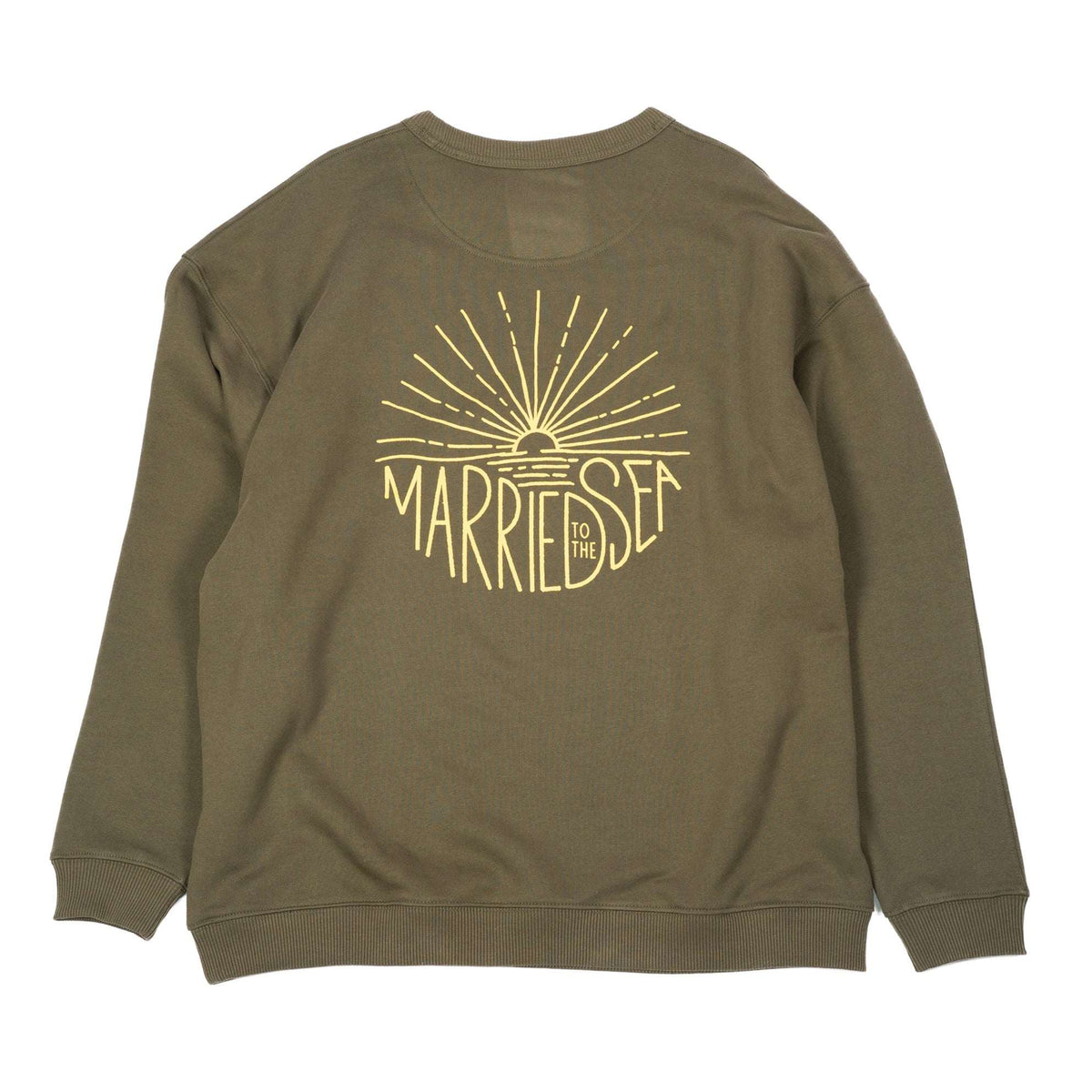 Khaki crewneck sweatshirt, large back "Married to the Sea" sunrise graphic