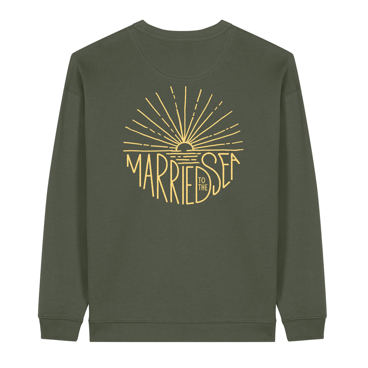 Women’s khaki crewneck sweatshirt with large Married to the Sea back graphic
