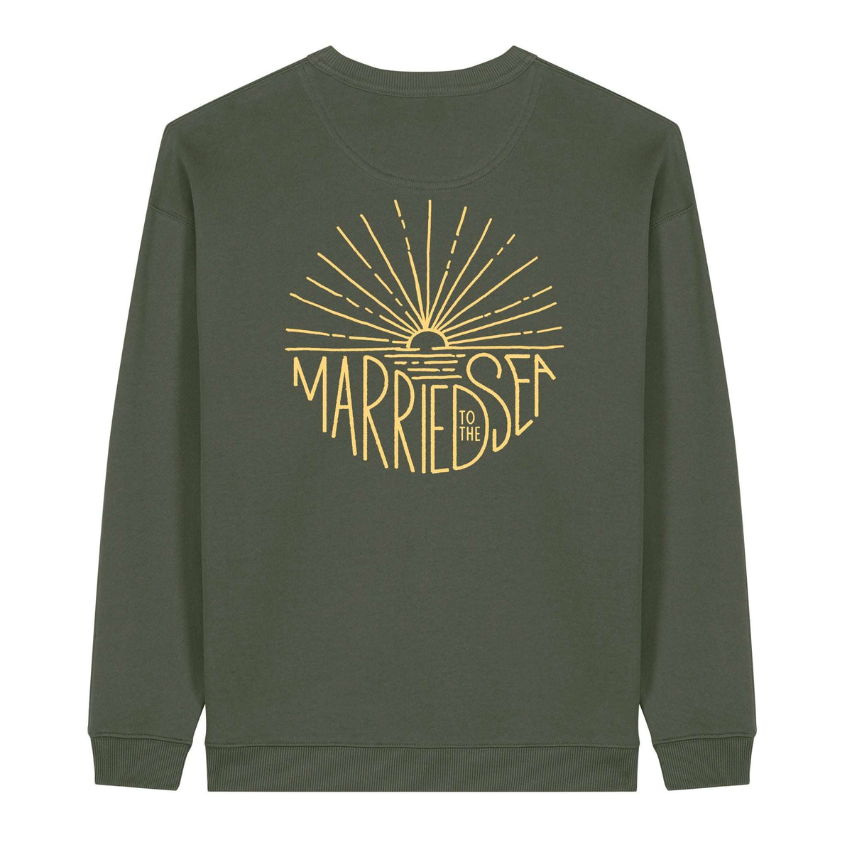 Women’s khaki crewneck sweatshirt with large Married to the Sea back graphic
