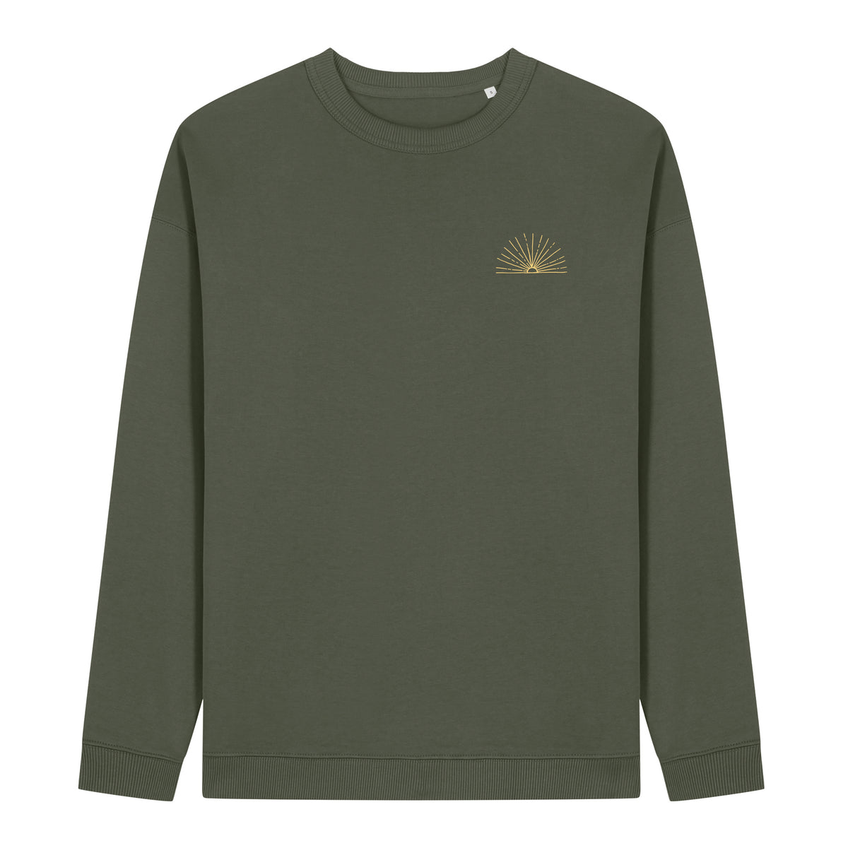 Women’s khaki crewneck sweatshirt with small sunrise emblem on chest