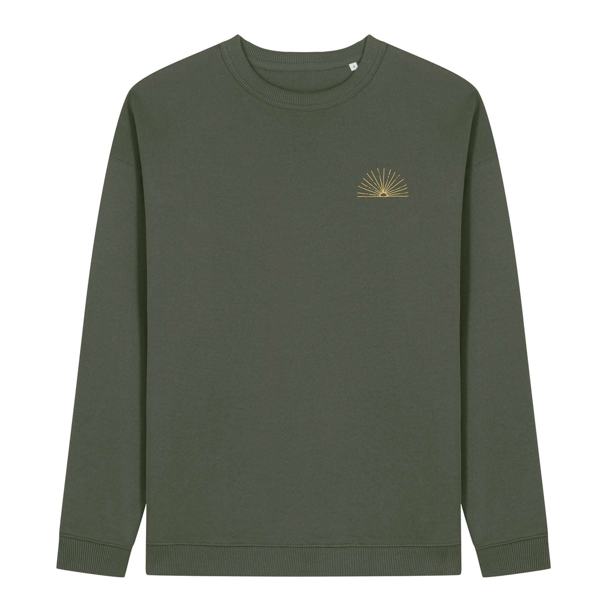 Women’s khaki crewneck sweatshirt with small sunrise emblem on chest